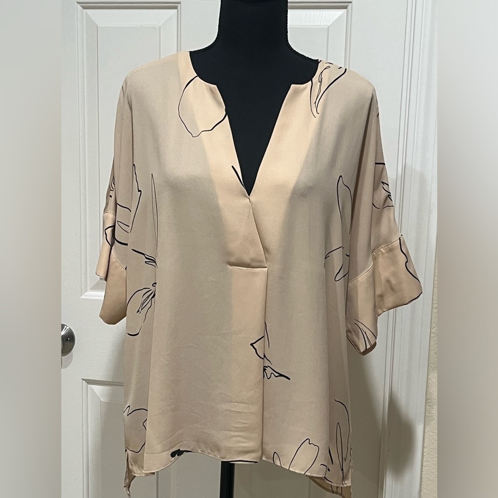 Worthington Beige Blouse, ABSTRACT BOTANICAL PRINT, OFFICE CORE, WOMENS SIZE L.